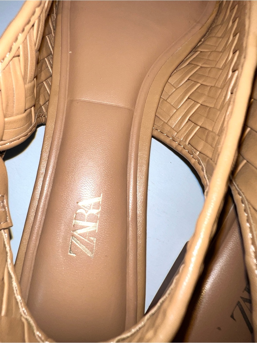 ZARA Woven Leather Pointed Toe Slingback Flats Buckle Nude Tan Sz 38 - Picture 8 of 12